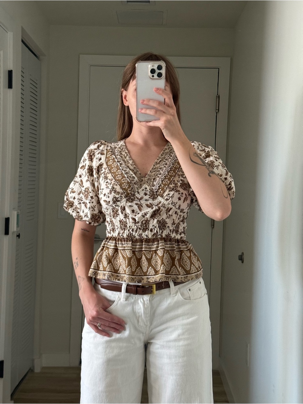 Floral Boho Puff Sleeve Peplum Blouse Size XS
